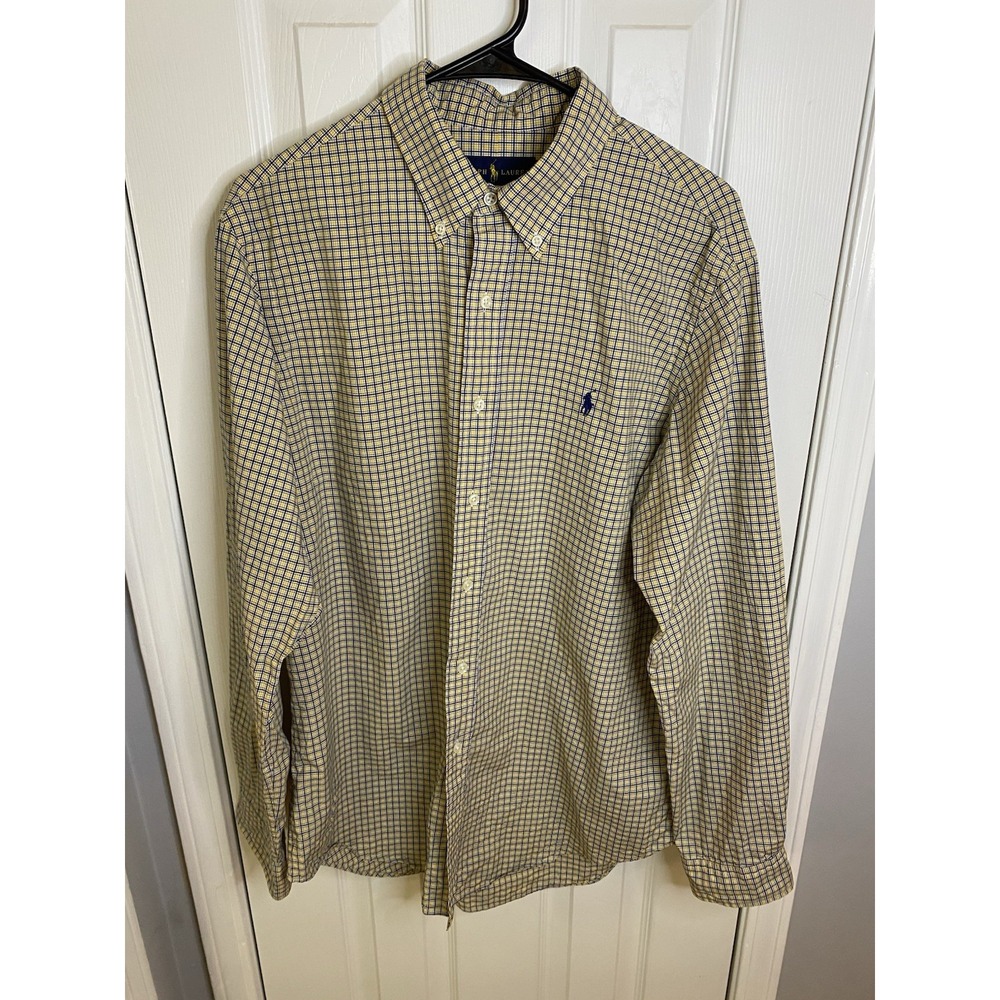 Ralph Lauren Button Down Shirt Mens Large Yellow Navy  Plaid Long Sleeve Pony